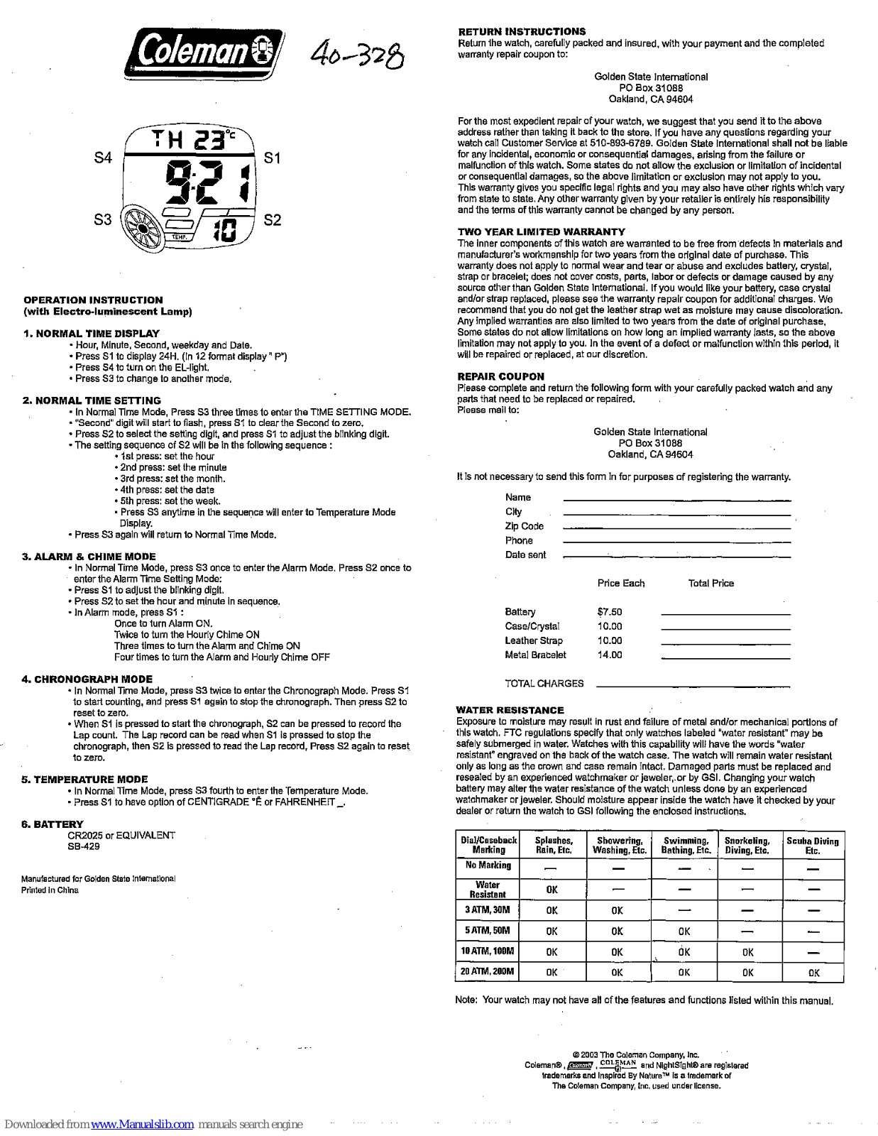 Coleman 40-118, 40-328 Operation Instruction Manual