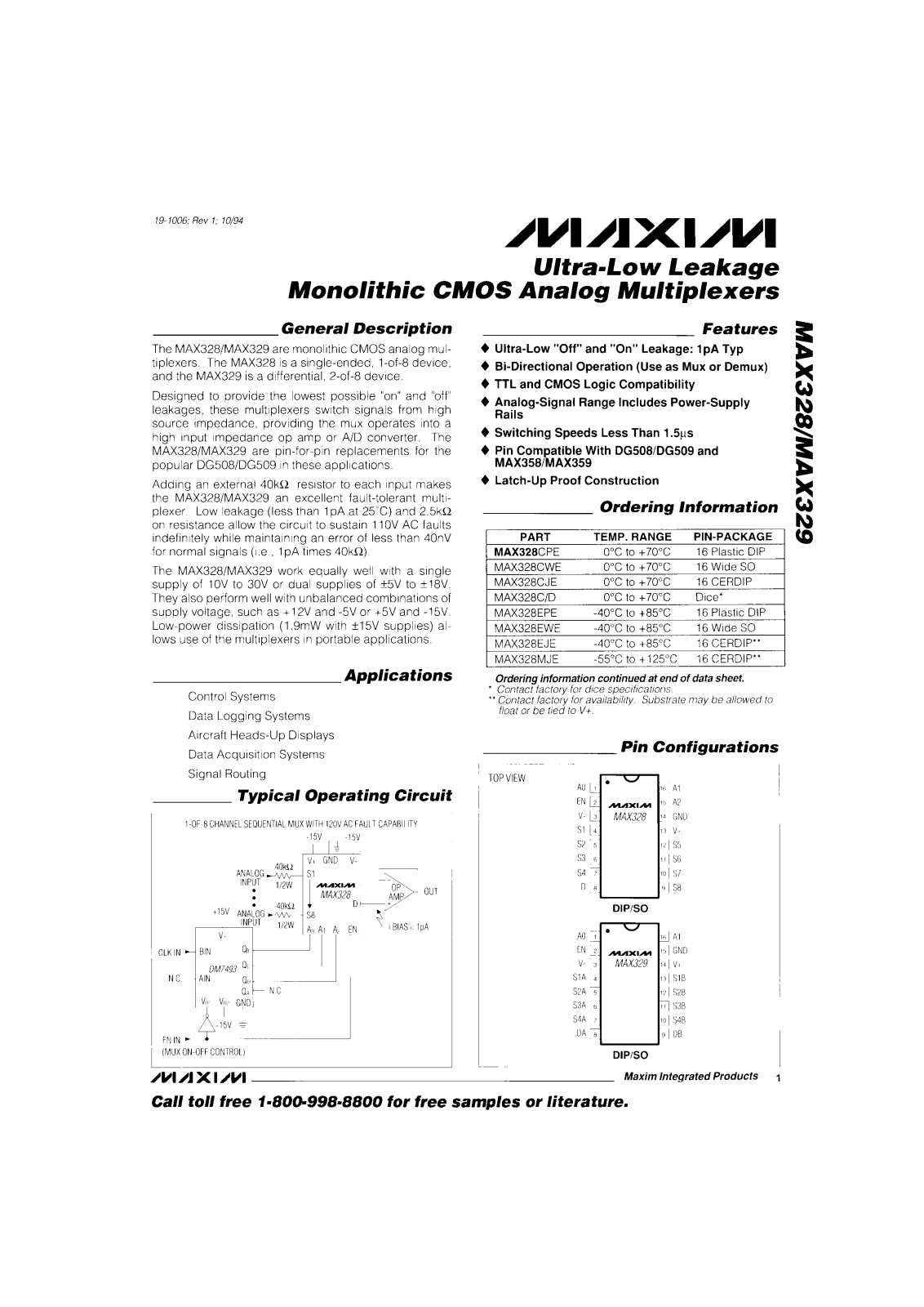 Maxim MAX329MJE, MAX329EJE, MAX329CWE, MAX329CPE, MAX329CJE Datasheet