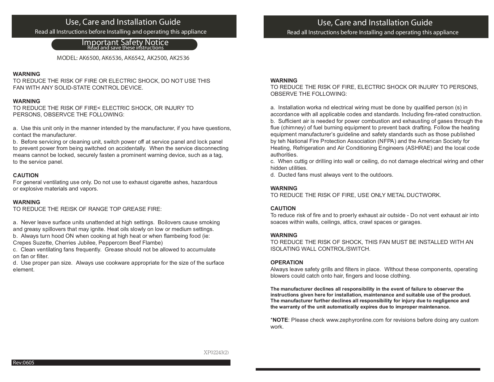 Zephyr AK2536W, AK2536B, AK6500B, AK2500S, AK2536S User Manual