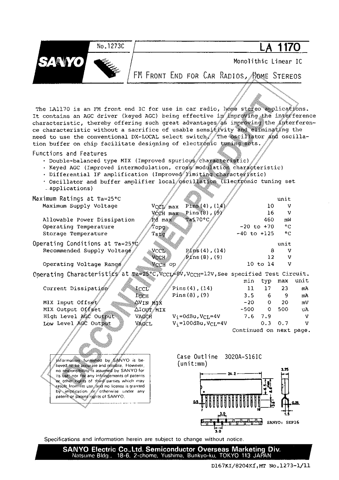 Sanyo LA1170 Specifications