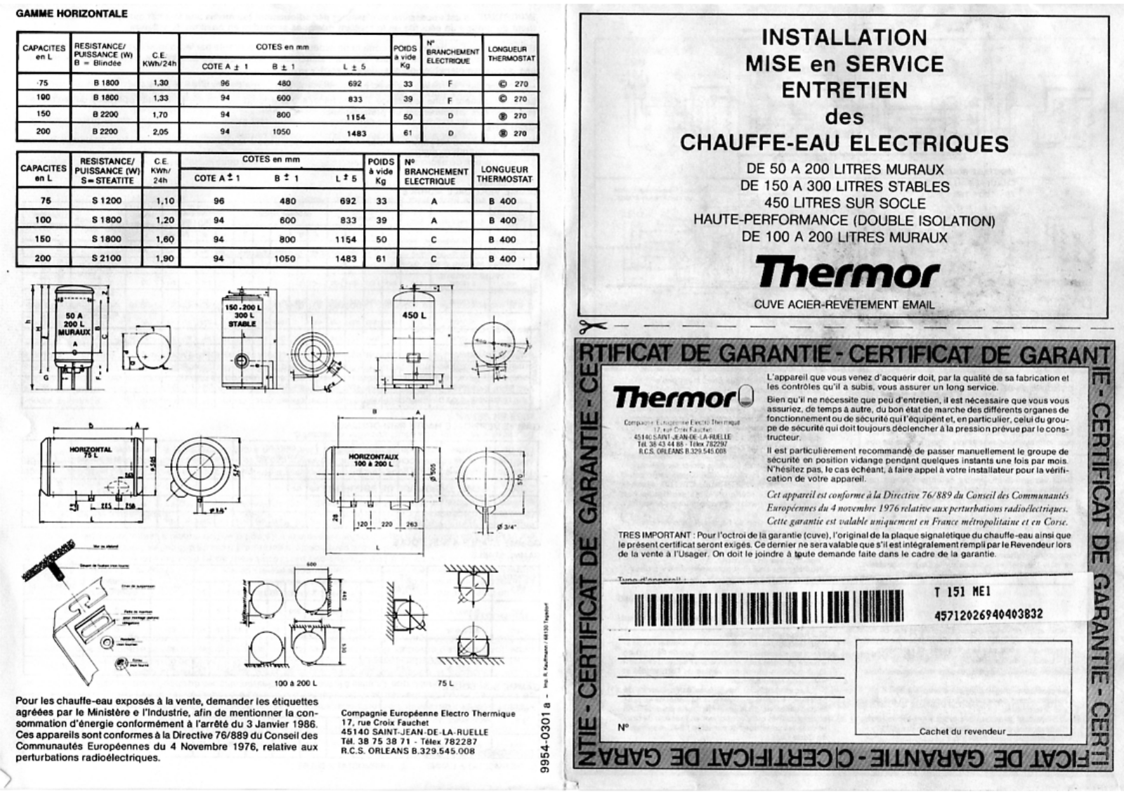 THERMOR DE 50 A, DE 150 A, DE 100 A User Manual