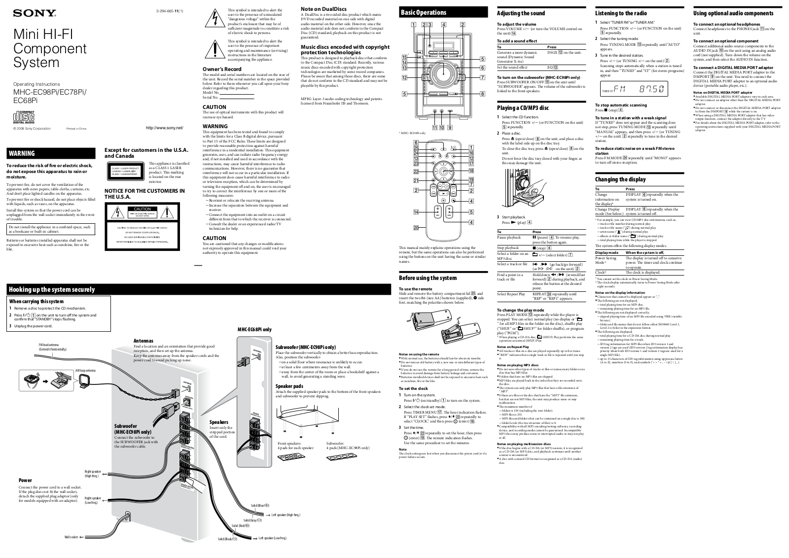 Sony MHC-EC68PI, MHC-EC98Pi User Manual