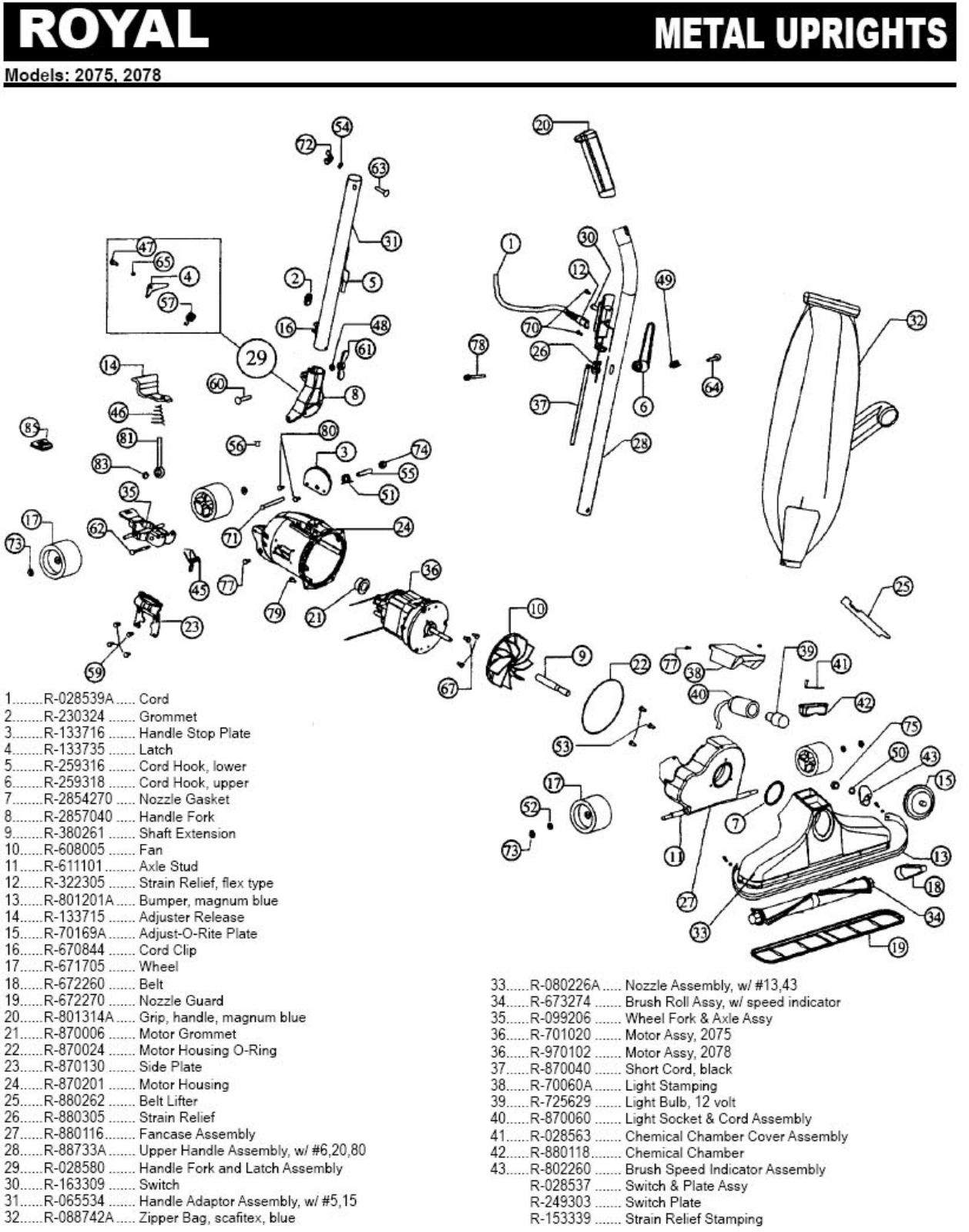 Royal 2078, 2075 Parts List