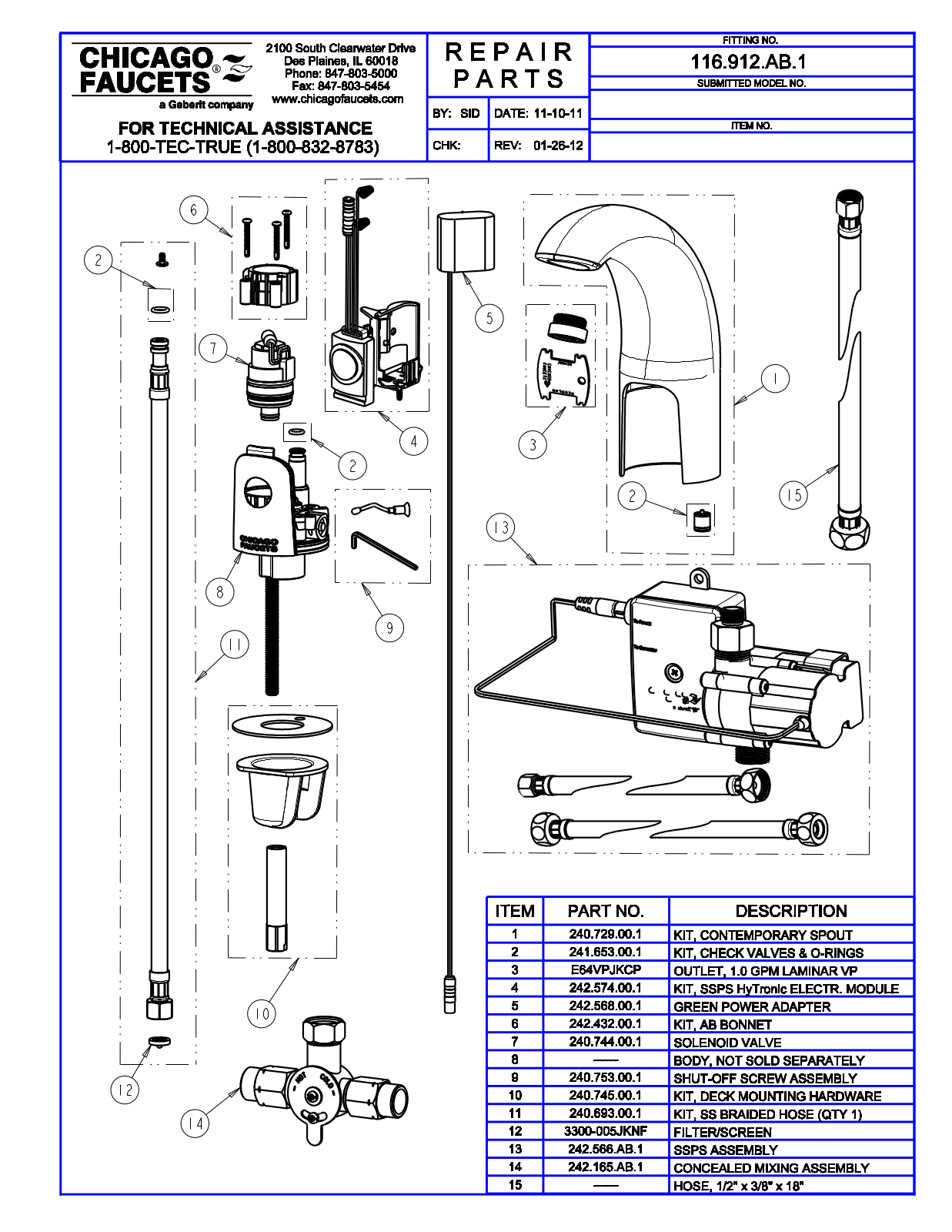 Chicago Faucet 116.912.AB.1 Parts List