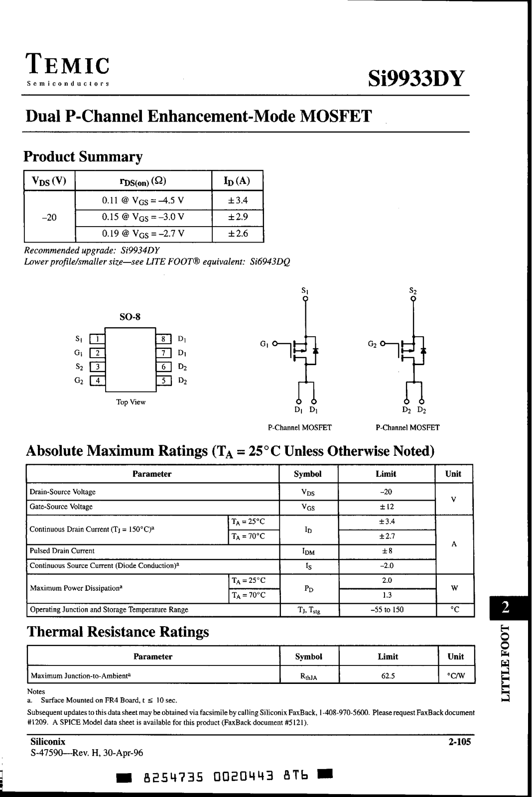 TEMIC Si9933DY Datasheet