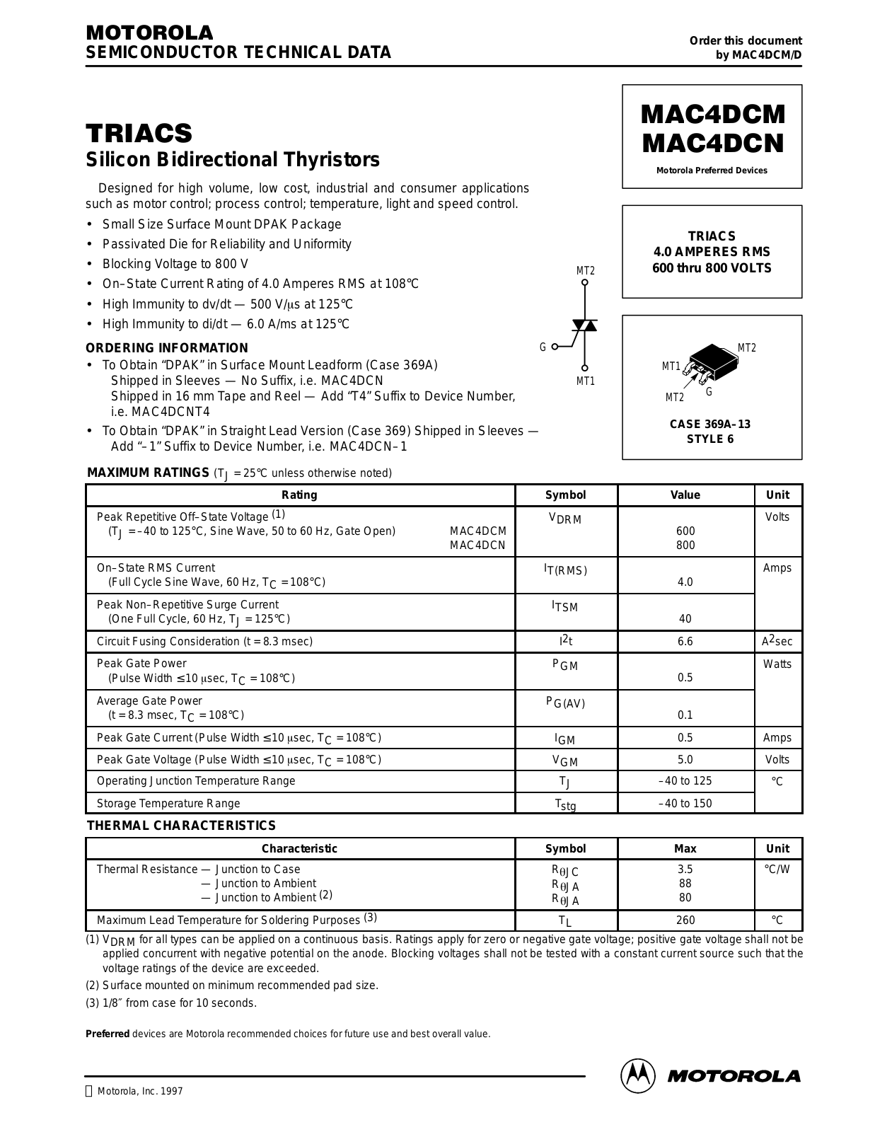 Motorola MAC4DCN, MAC4DCM Datasheet