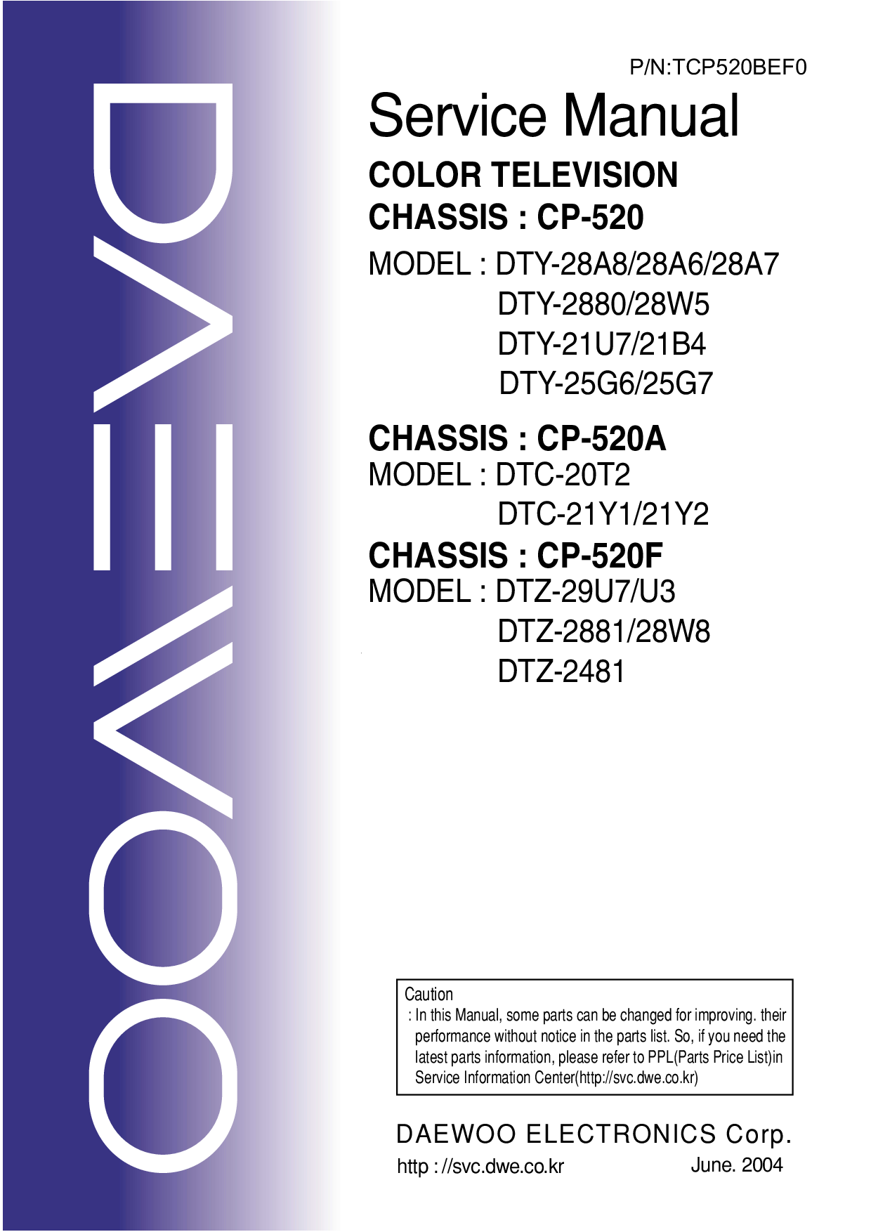 Daewoo CP-520F, CP-520A, CP-520, DTZ-28W8, DTZ-2881 Service Manual