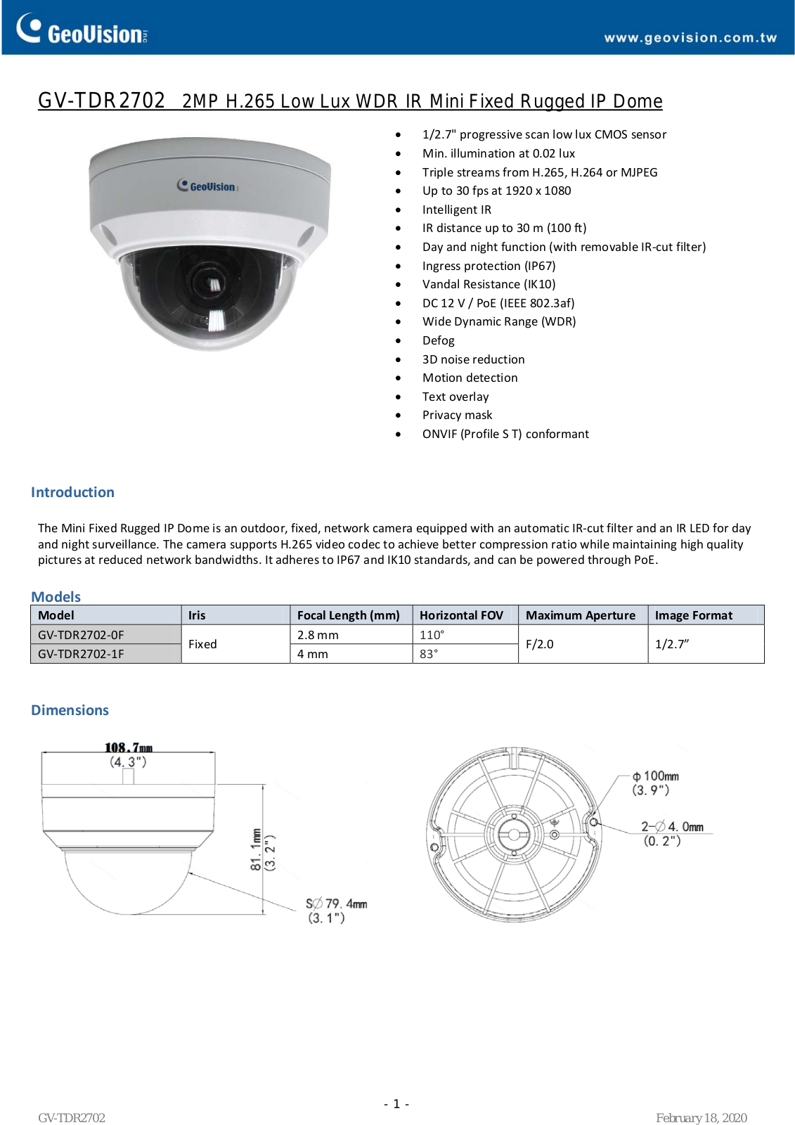 Geovision GV‐TDR2702‐0F Specsheet