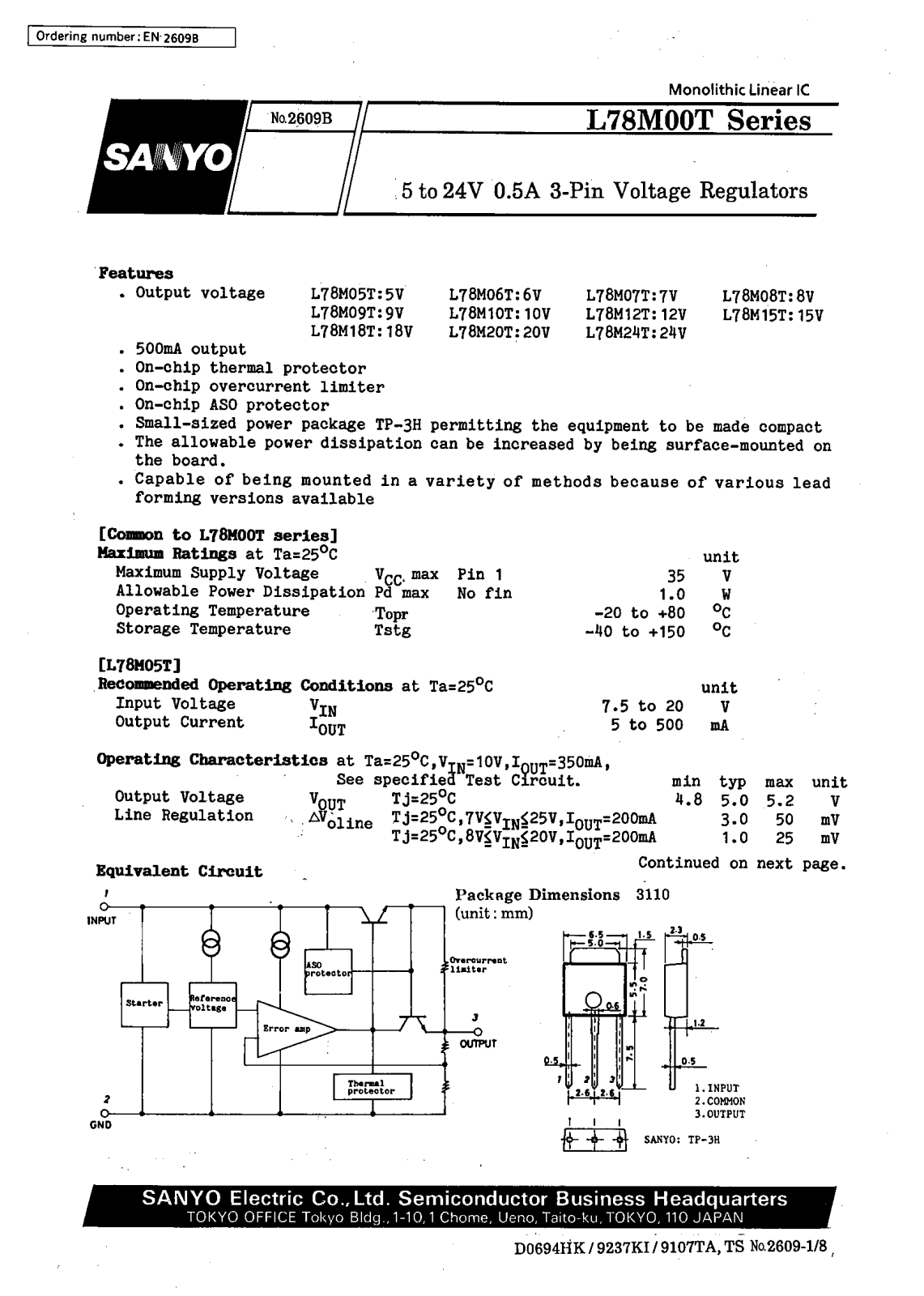 SANYO L78M20T, L78M12T, L78M10T, L78M18T, L78M15T Datasheet