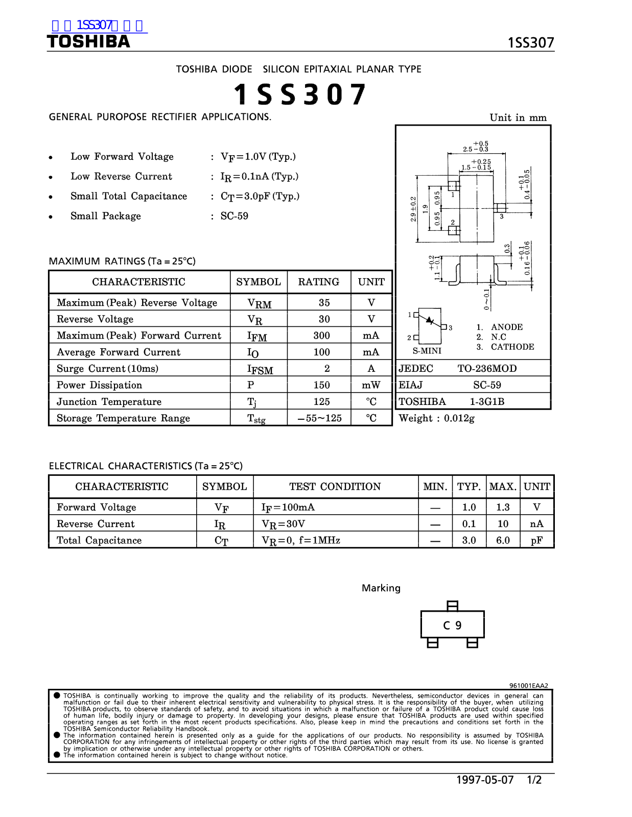 TOSHIBA 1SS307 Technical data