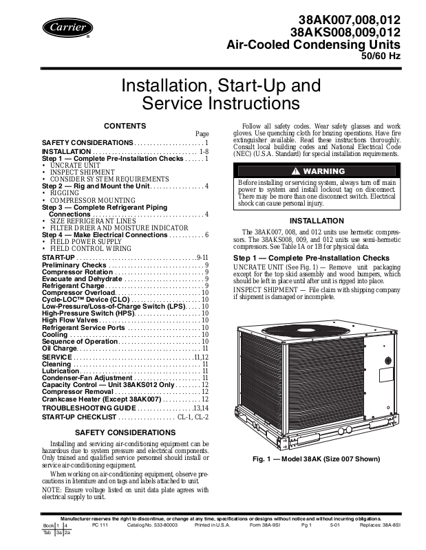 Carrier 38AK008, 38AKS009, 38AK012, 38AK007, 38AKS012 User Manual