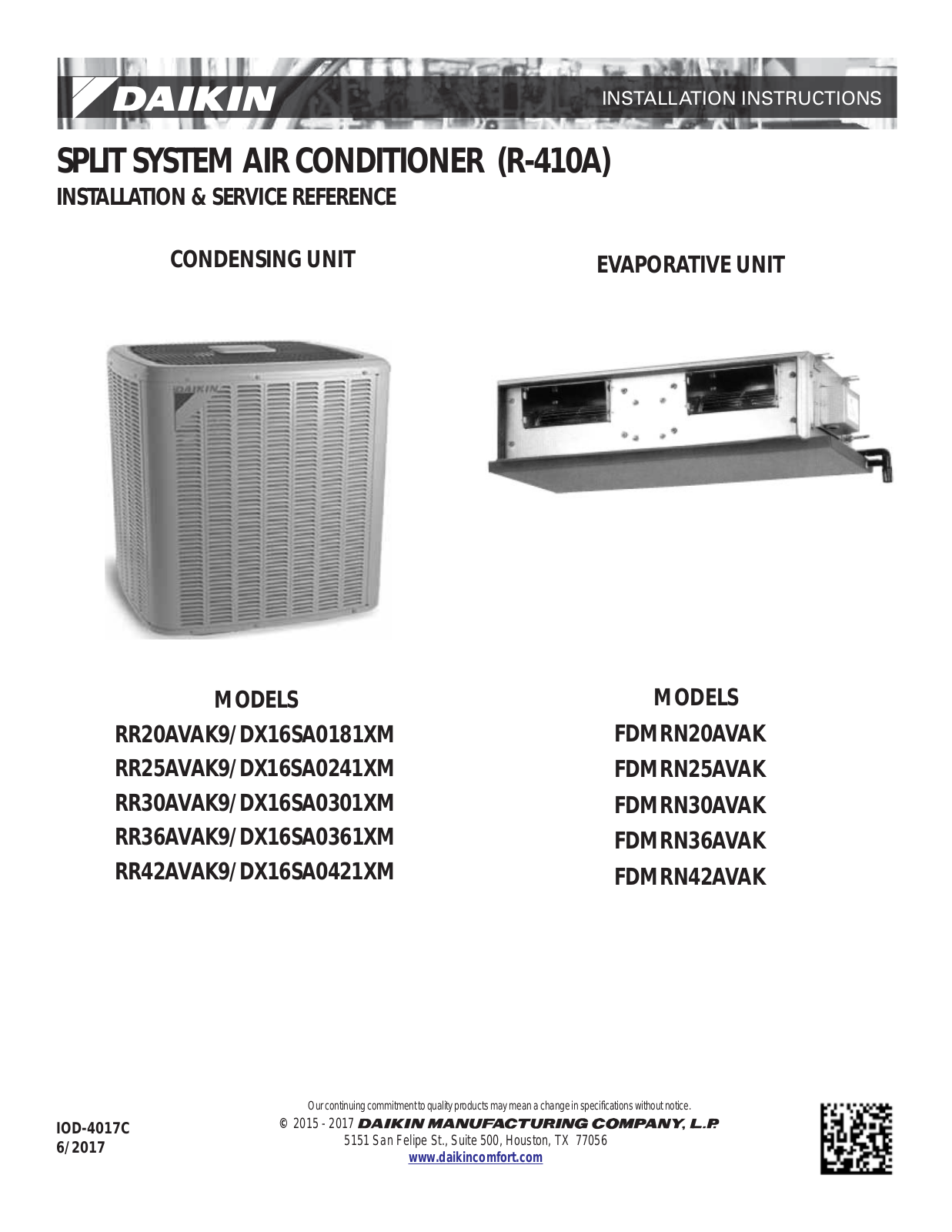 Daikin DX16SA0181XM, RR36AVAK9, RR25AVAK9, DX16SA0301XM, DX16SA0361XM Installation & Service Reference