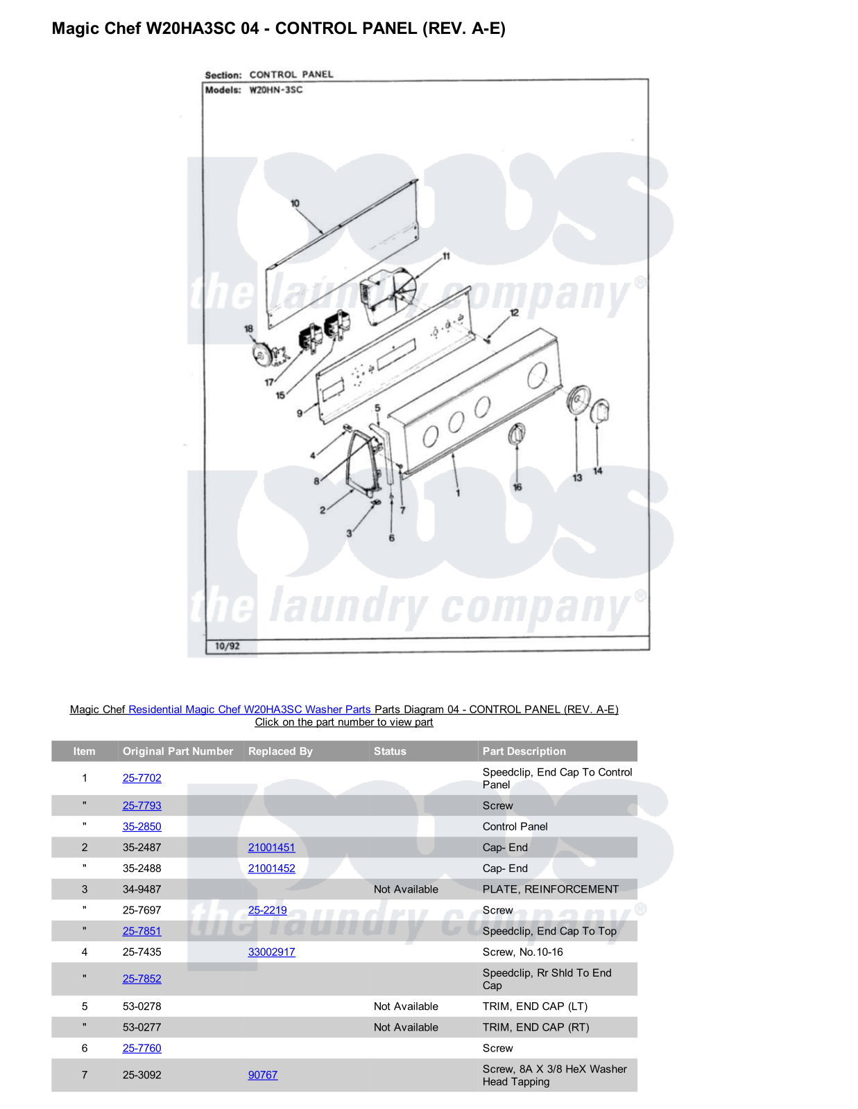 Magic Chef W20HA3SC Parts Diagram