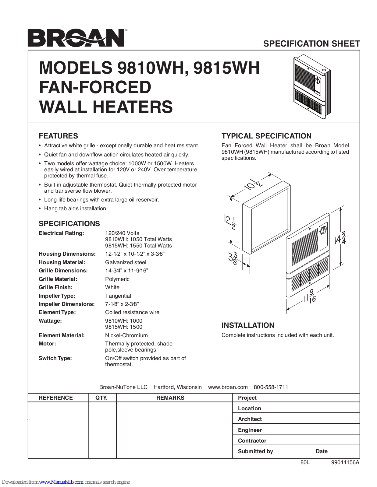 Broan Fan-Forced Wall Heaters MODELS9810WH, 9815WH, 9810, 9810WH Specification Sheet