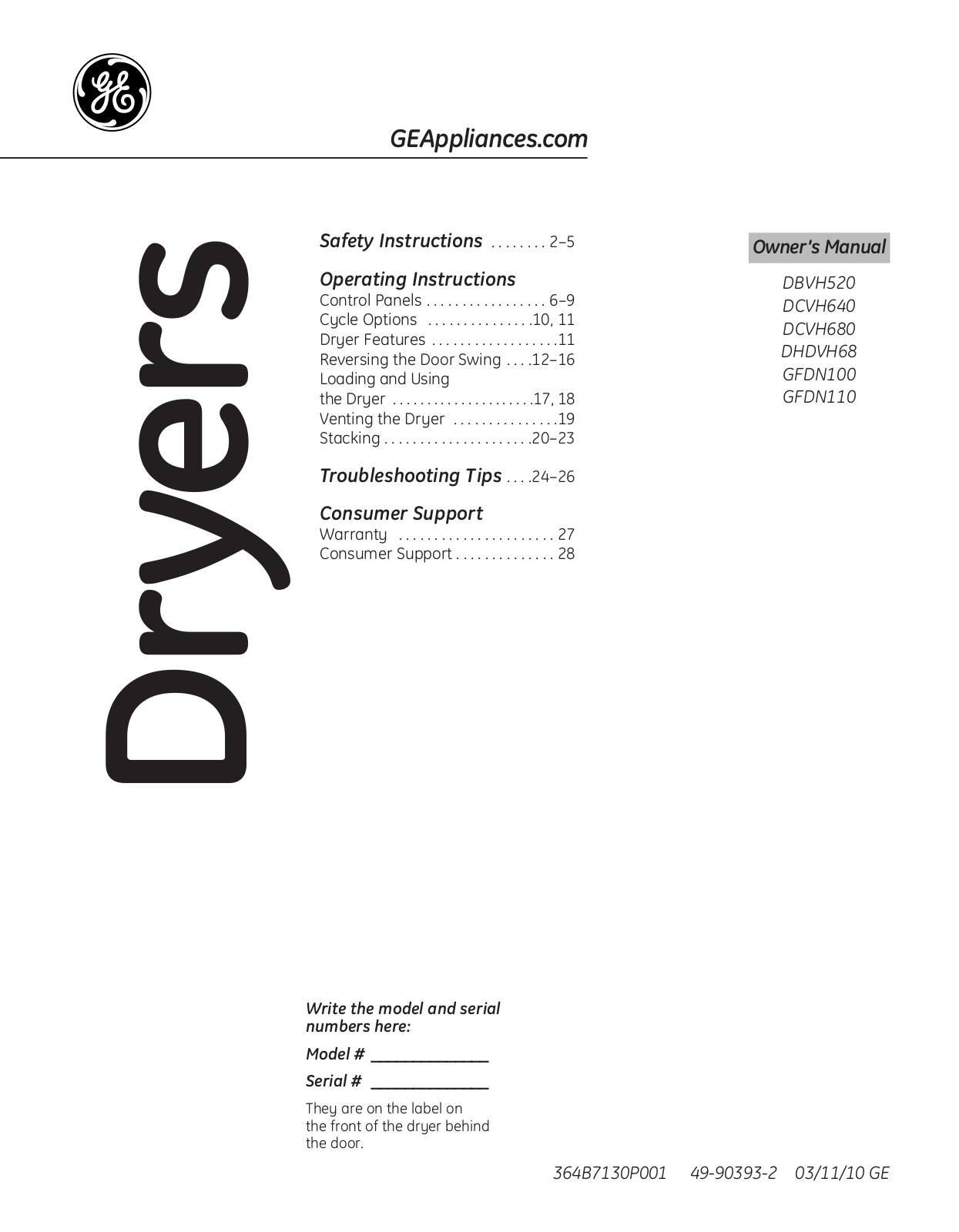 General Electric DCVH680EJBB User Manual