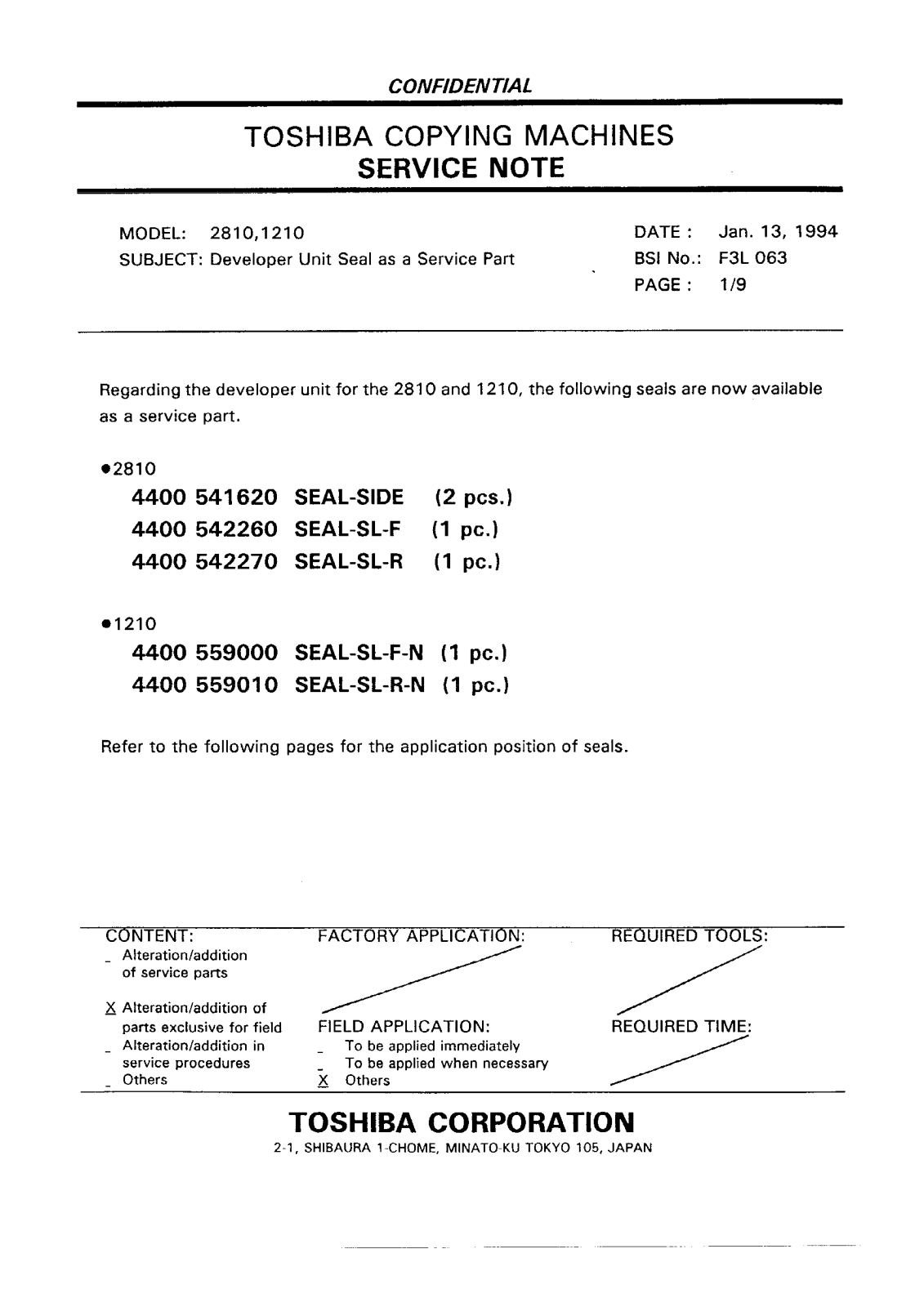 Toshiba f3l063 Service Note