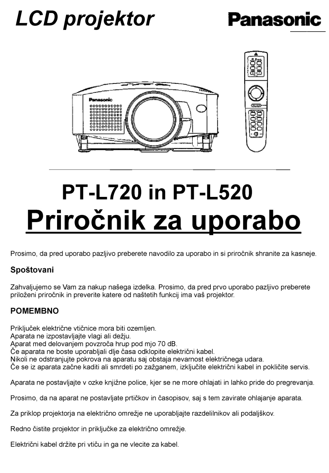 Panasonic PT-L720, PT-L520 User Manual