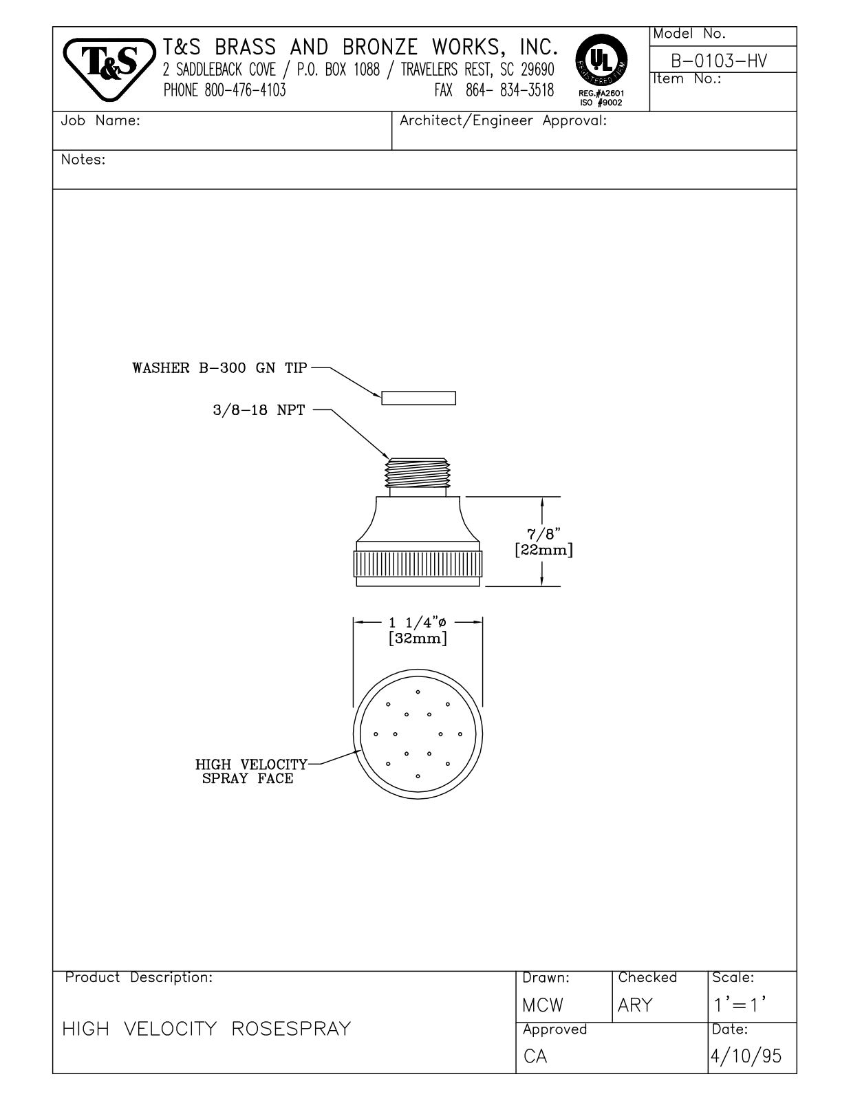 T&S Brass B-0103-HV User Manual