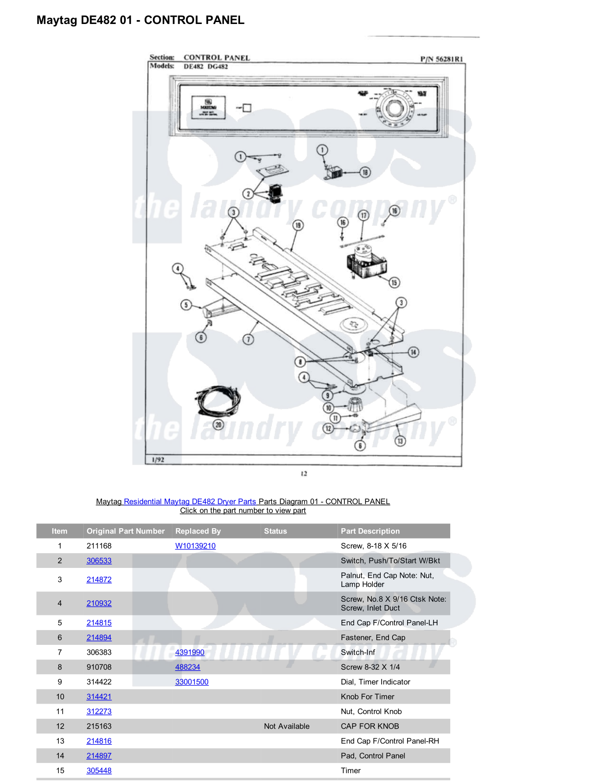 Maytag DE482 Parts Diagram