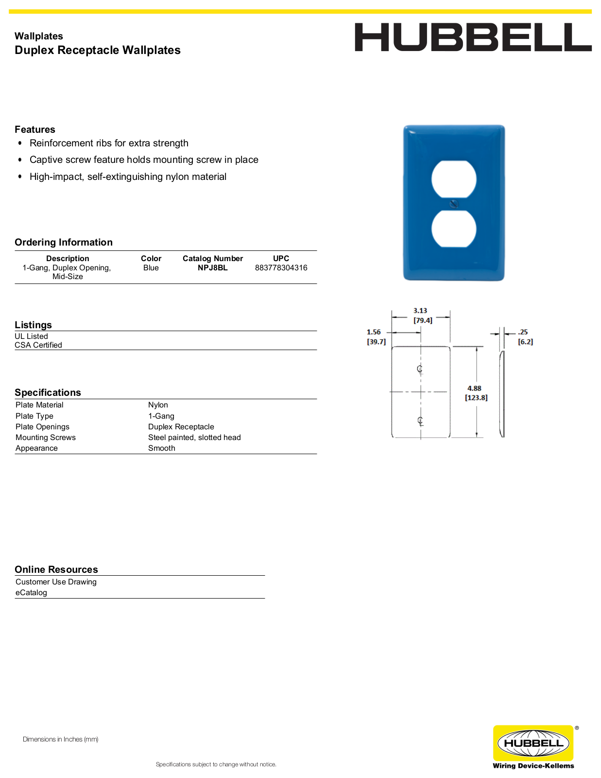 Hubbell NPJ8BL Specifications