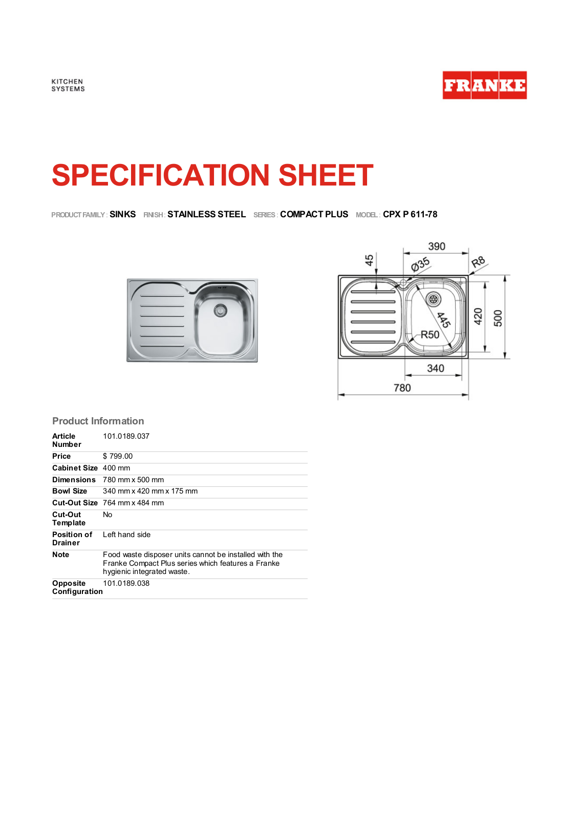 Franke Foodservice CPX P 611-78 User Manual