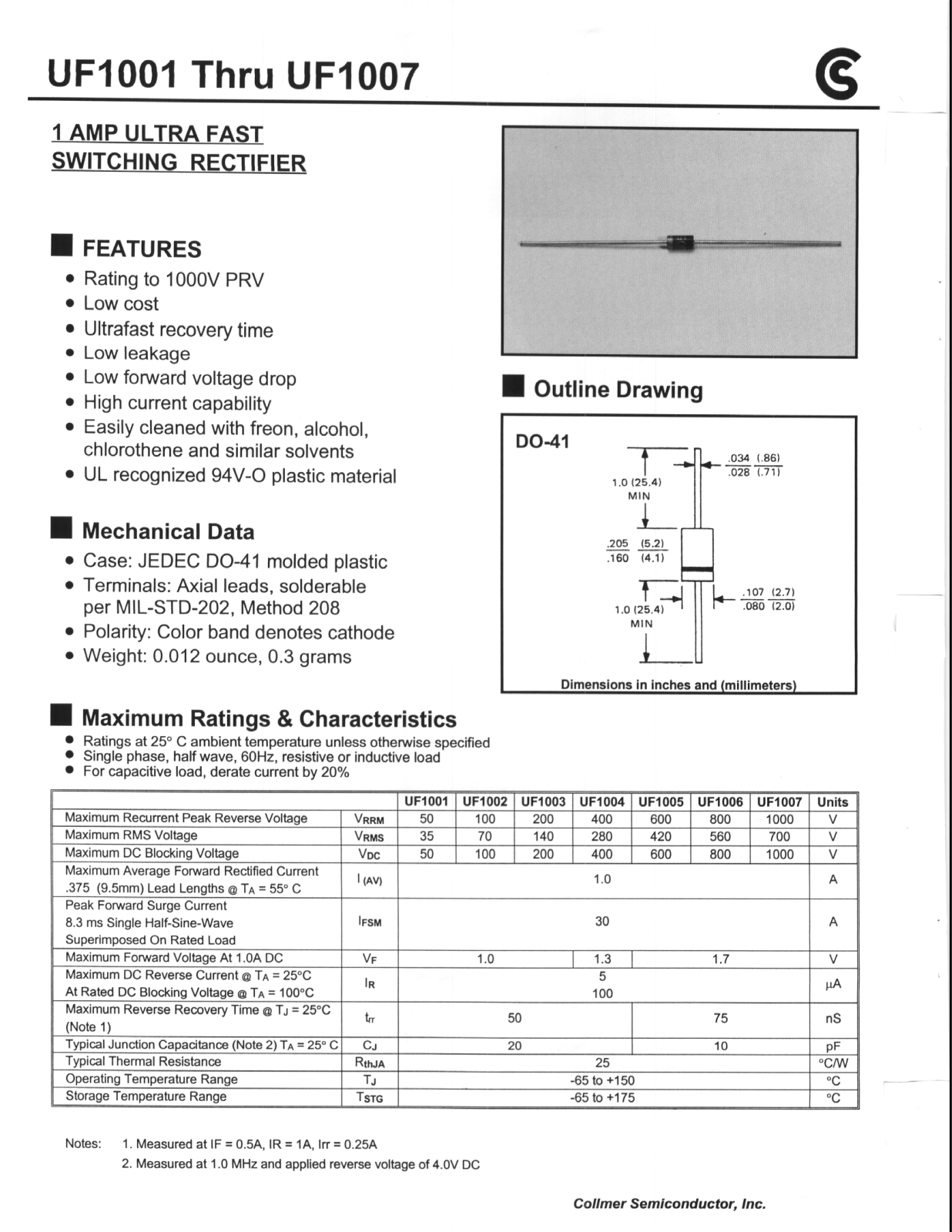 Collmer Semiconductor UF1007, UF1003, UF1001, UF1002, UF1006 Datasheet