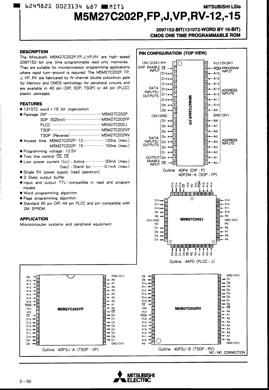 Mitsubishi M5M27C202P-15, M5M27C202P-12, M5M27C202VP-15, M5M27C202VP-12, M5M27C202RV-15 Datasheet