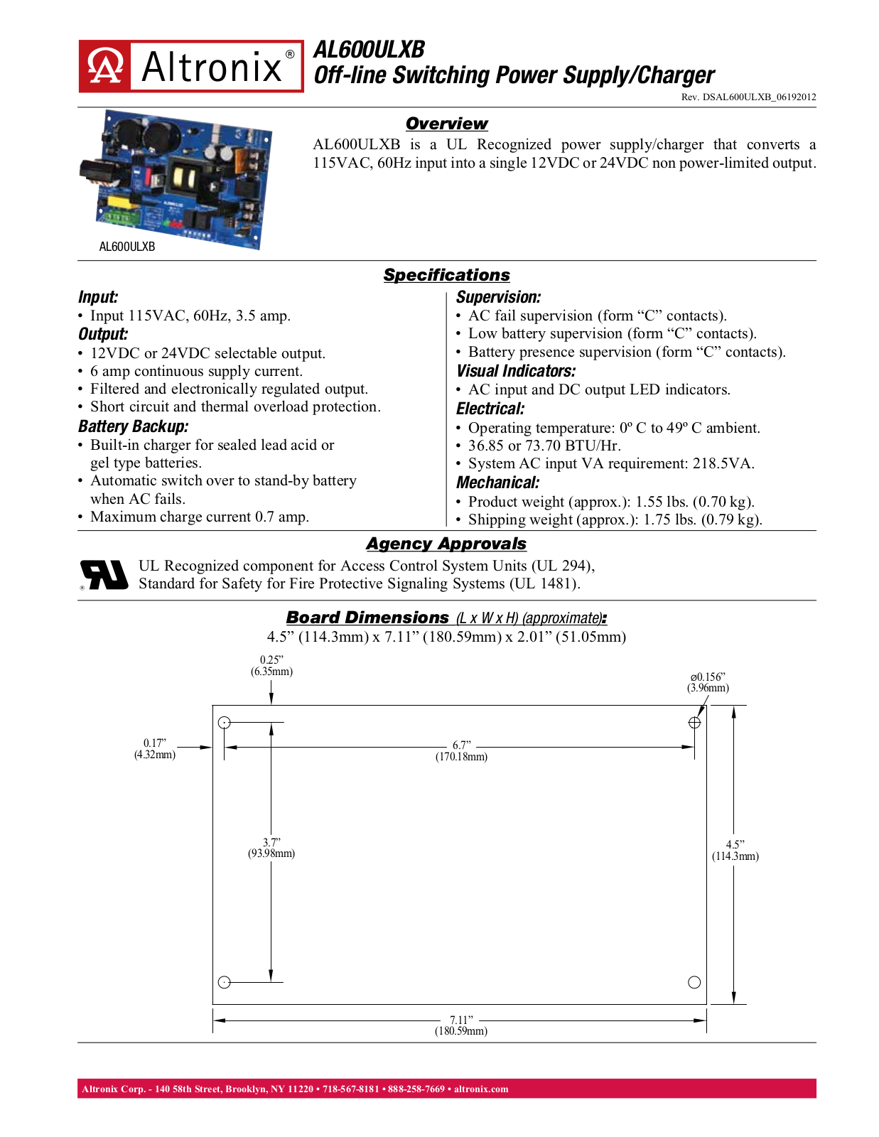 Altronix AL600ULXB Specsheet