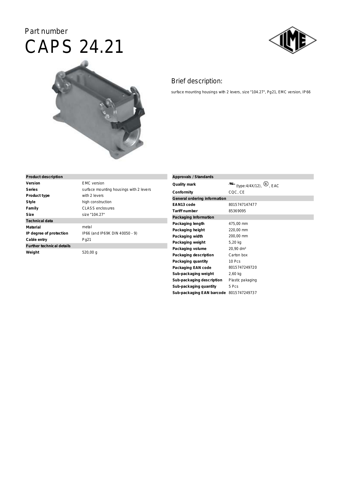 Datasheet CAPS-24.21 Datasheet (ILME) - ManualMachine.com