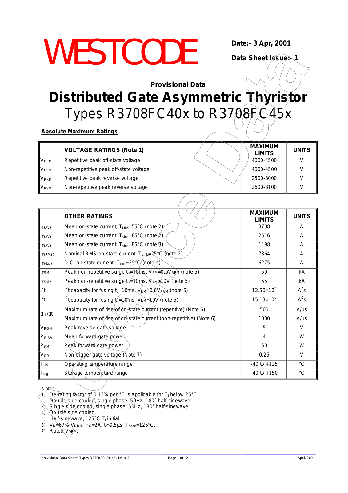 Westcode Semiconductors R3708FC40x, R3708FC45x Data Sheet