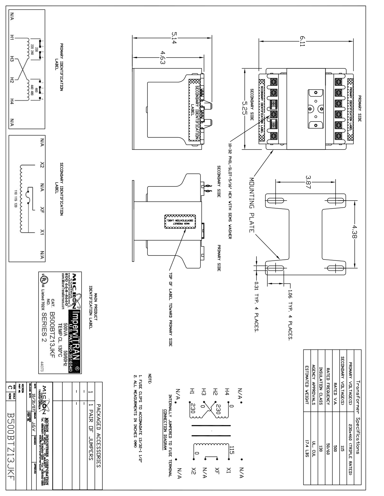 Micron Industries B500BTZ13JKF Specification Sheet