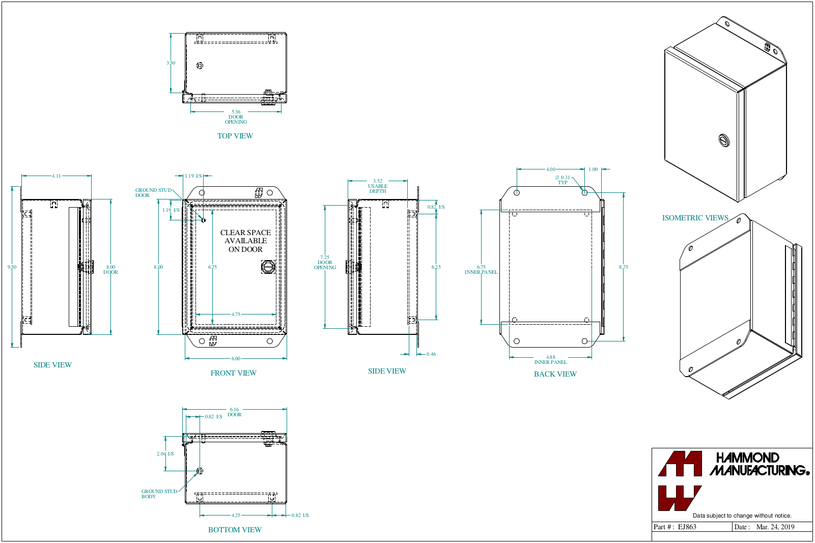 Hammond Manufacturing EJ863 technical drawings