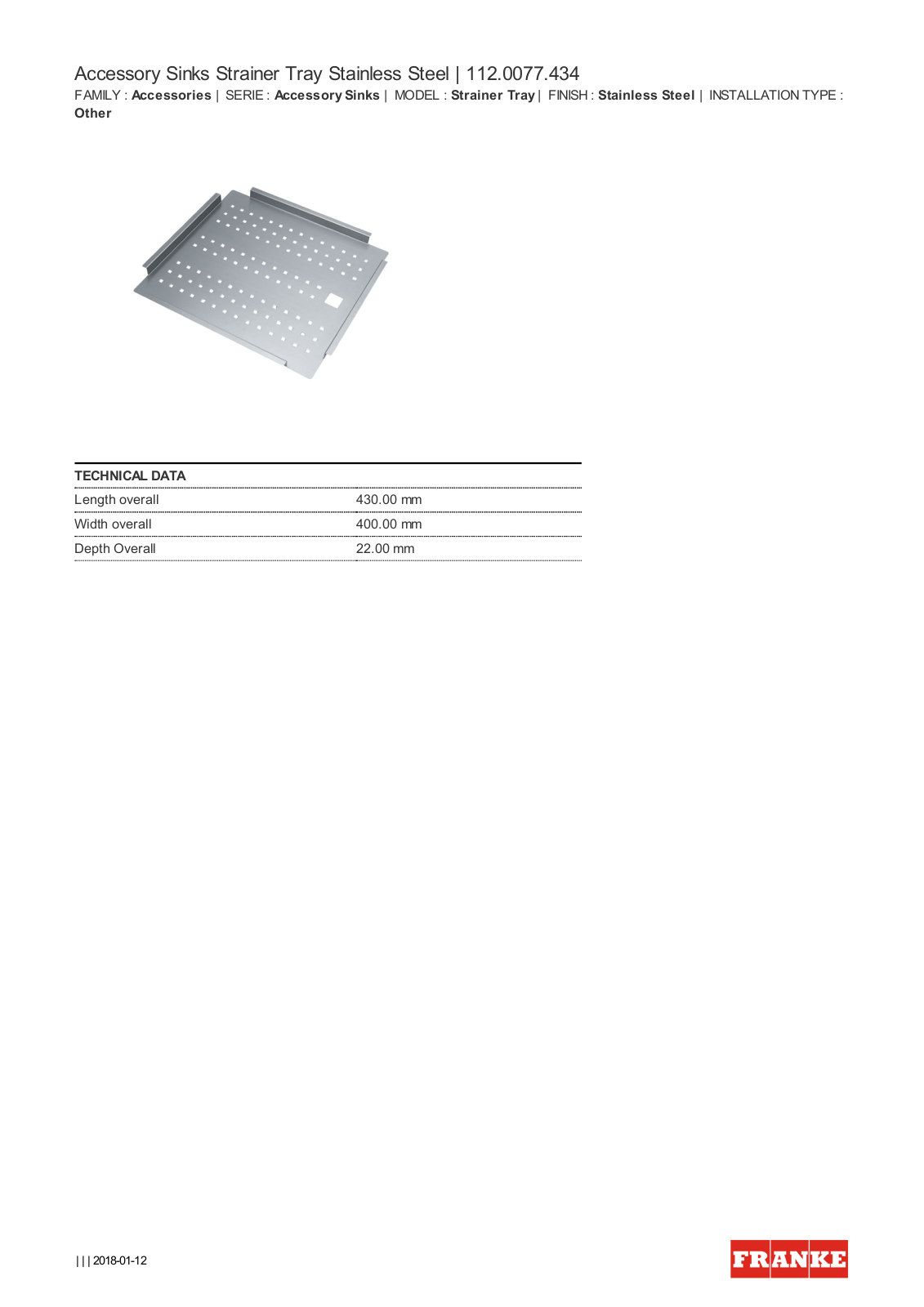 Franke ST434 Specifications Sheet