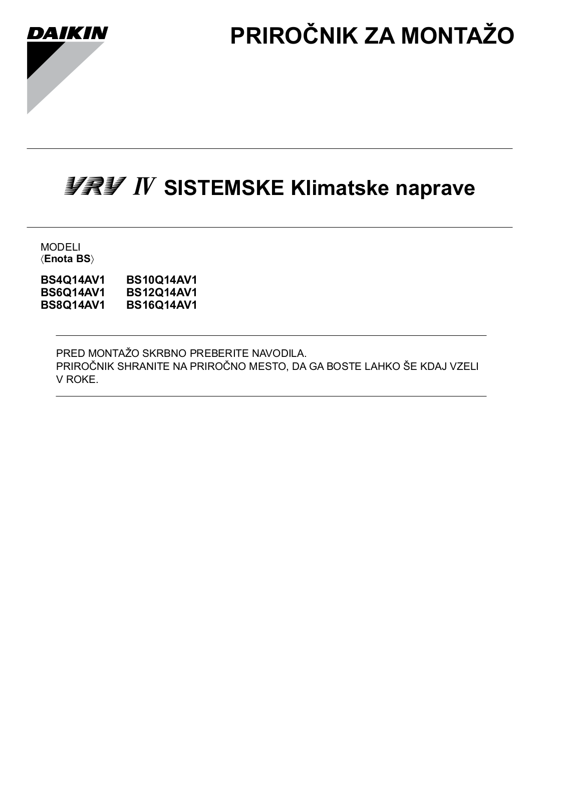 Daikin BS4Q14AV1, BS10Q14AV1, BS6Q14AV1, BS12Q14AV1, BS8Q14AV1 Installation manuals