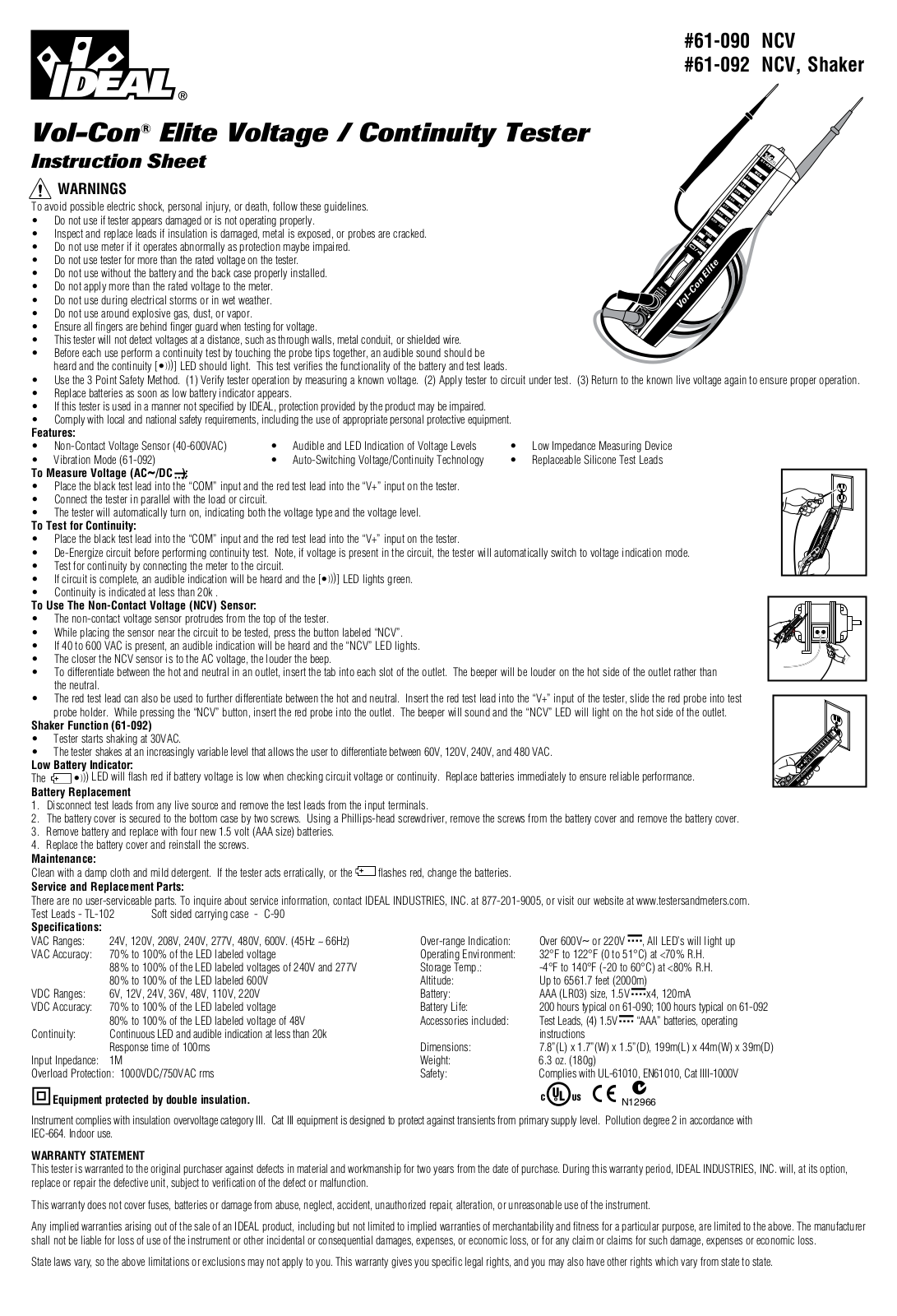 IDEAL 61-090 NCV, 61-092 NCV Instruction Sheet