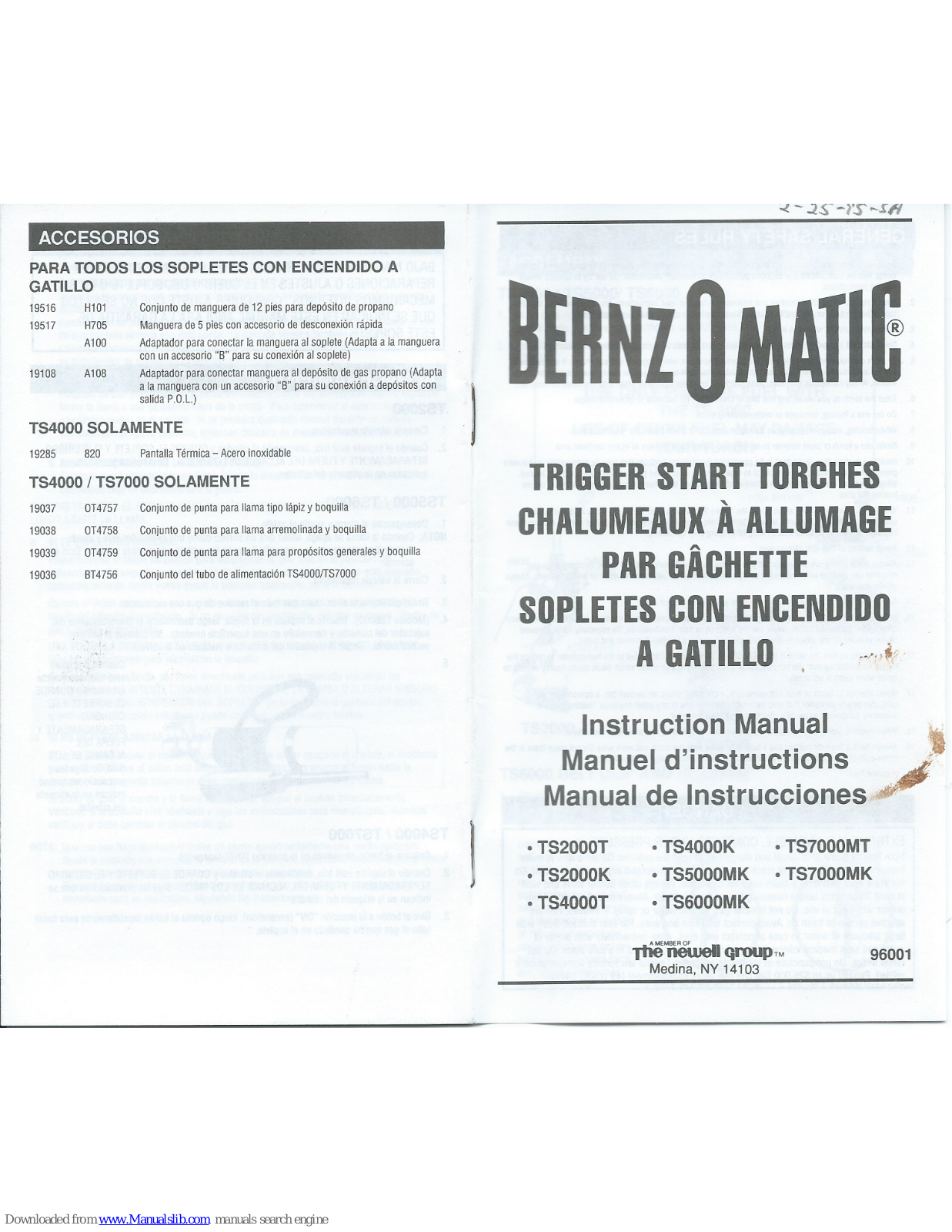 Bernzomatic TS4000T, TS2000T, TS2000K, TS6000MK, TS7000MT Instruction Manual