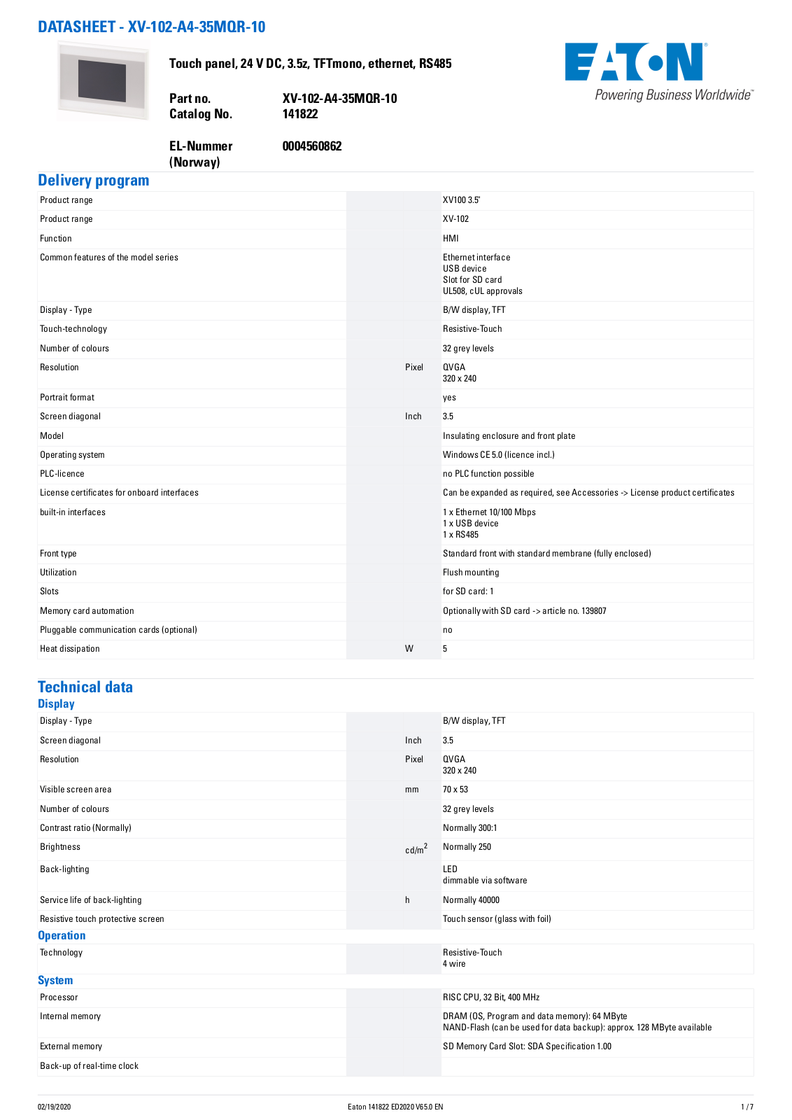 Cutler Hammer, Div of Eaton Corp XV-102-A4-35MQR-10 Data Sheet