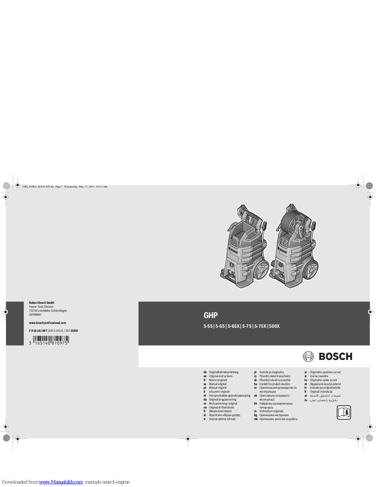 Bosch GHP 5-55, GHP 5-75X, GHP 500X, GHP 5-65, GHP 5-75 Original Instructions Manual