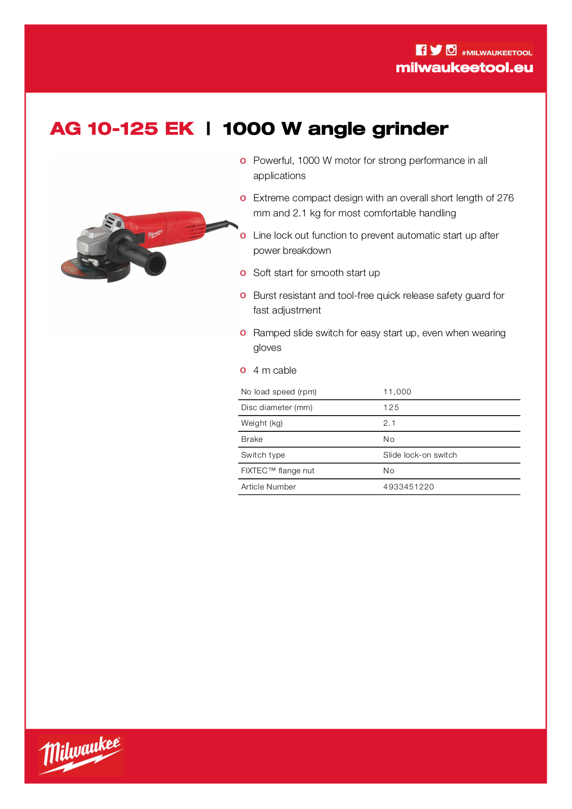 Milwaukee AG 10-125 EK Technical data