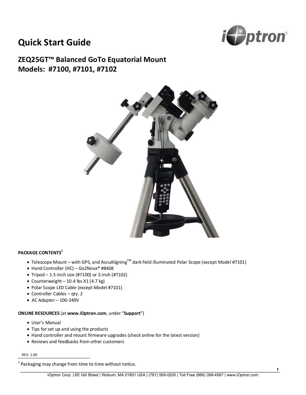 iOptron 7100, 7102, 7101 User Manual