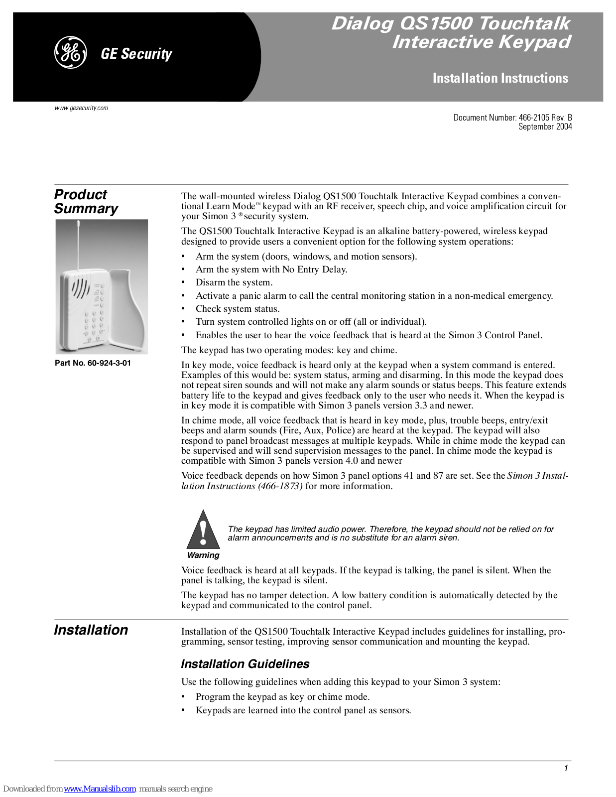 GE 60-924-3-01 - ITI Simon 3 Wireless Touch Talk Keypad, Dialog QS1500 Touchtalk Installation Manuallines