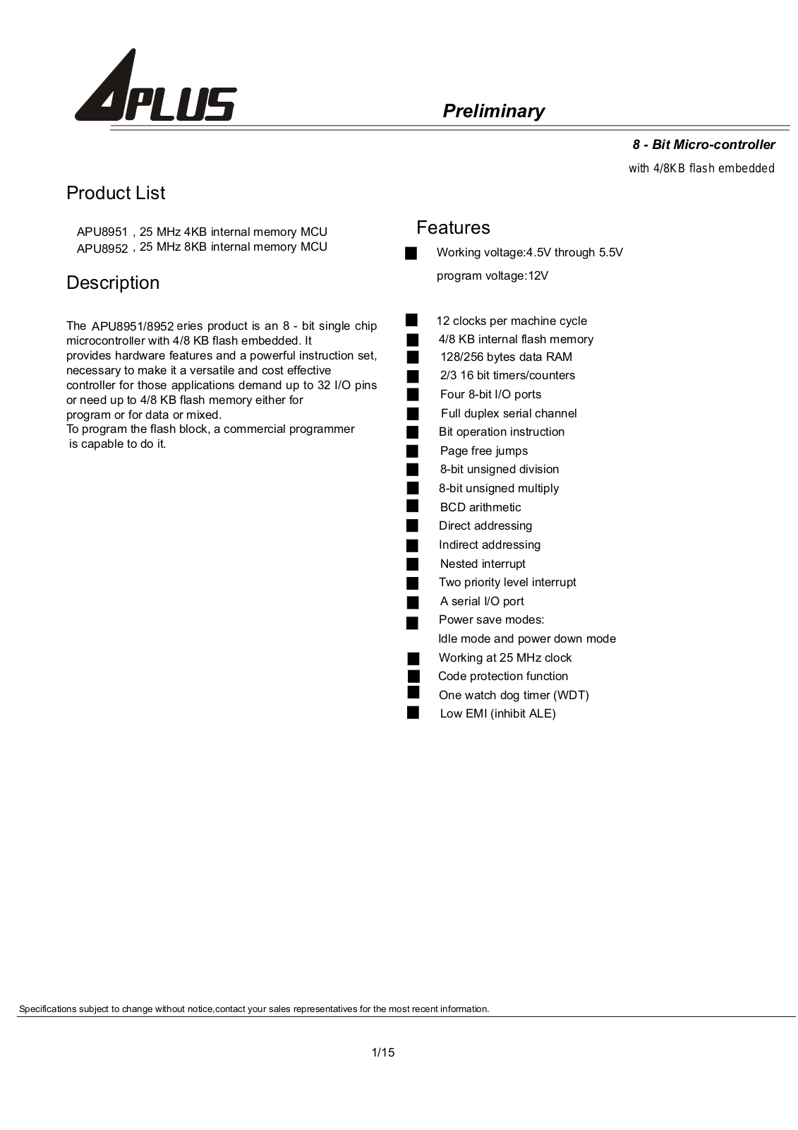 APLUS APU8952, APU8951 Datasheet