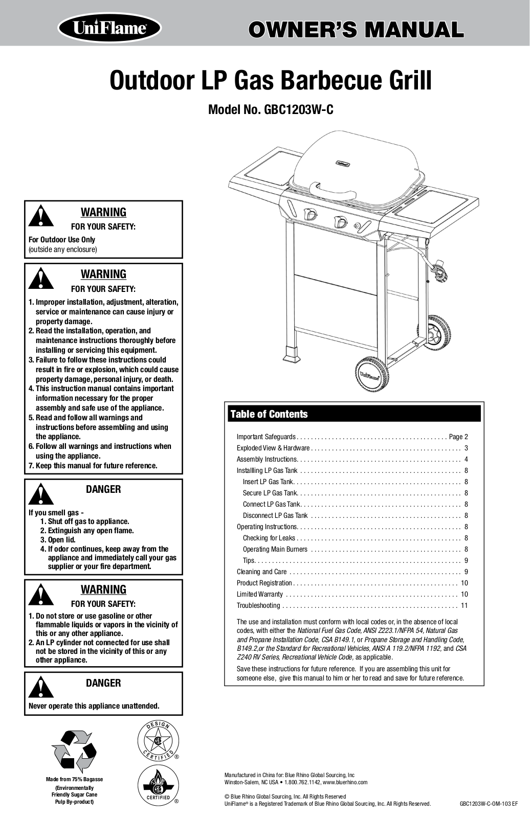 Uniflame Gbc1203w-c Owner's Manual