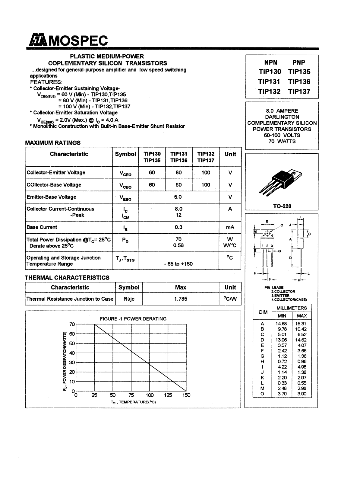 MOSPEC TIP137, TIP136, TIP135, TIP132, TIP131 Datasheet