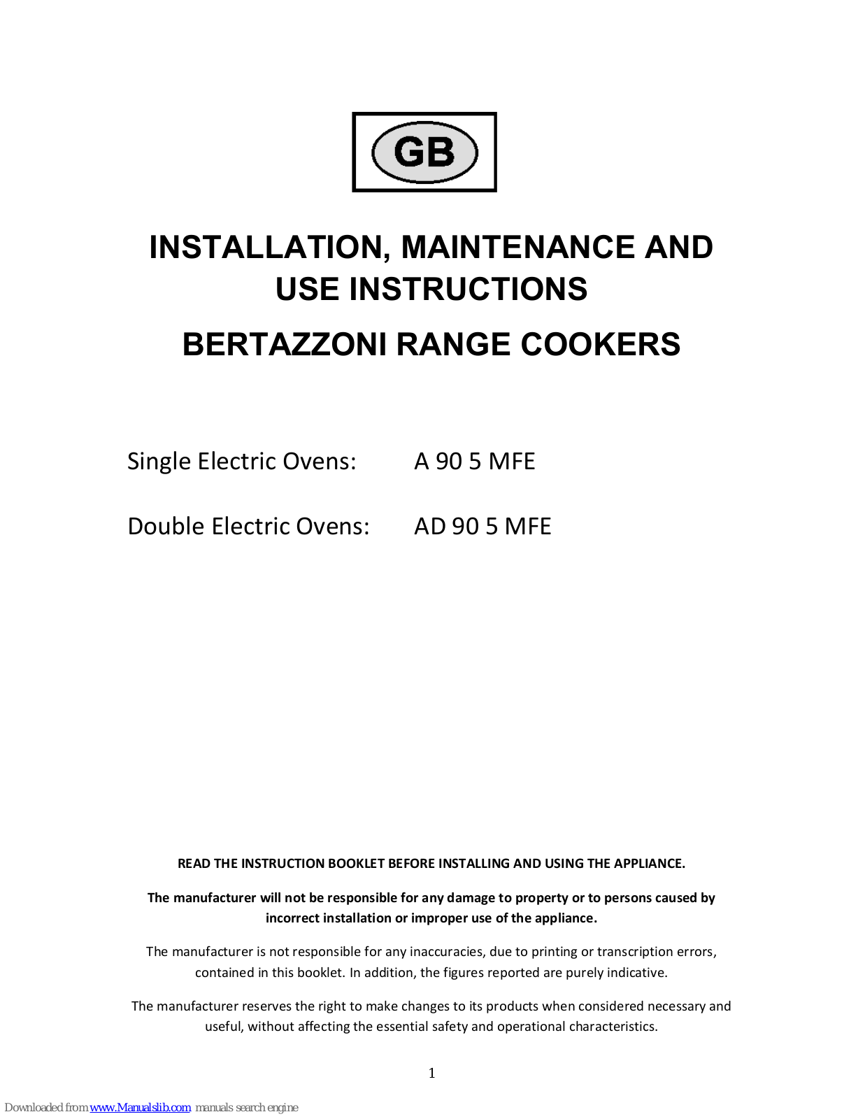 Bertazzoni A 90 5 MFE, AD 90 5 MFE Installation, Maintenance And Use Instructions