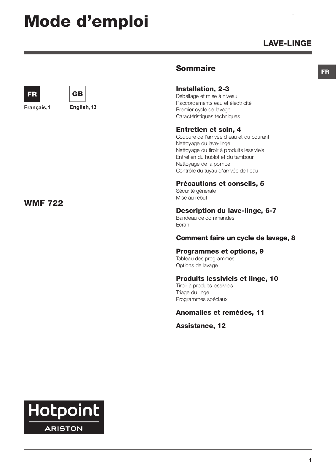 HOTPOINT/ARISTON WMF 722 FR.M User Manual