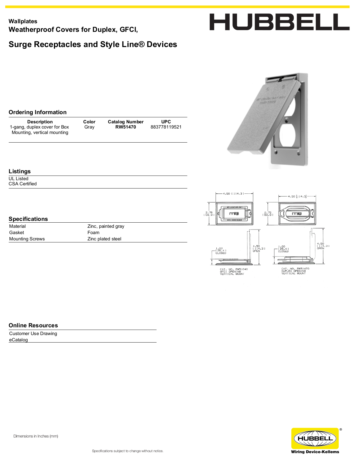 Hubbell RW51470 Specifications