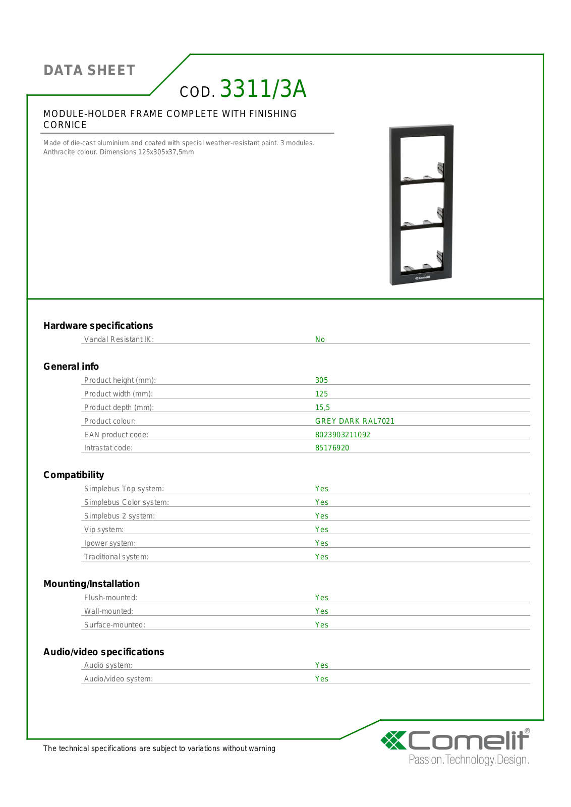 Comelit 3311-3A Specsheet - ManualMachine.com