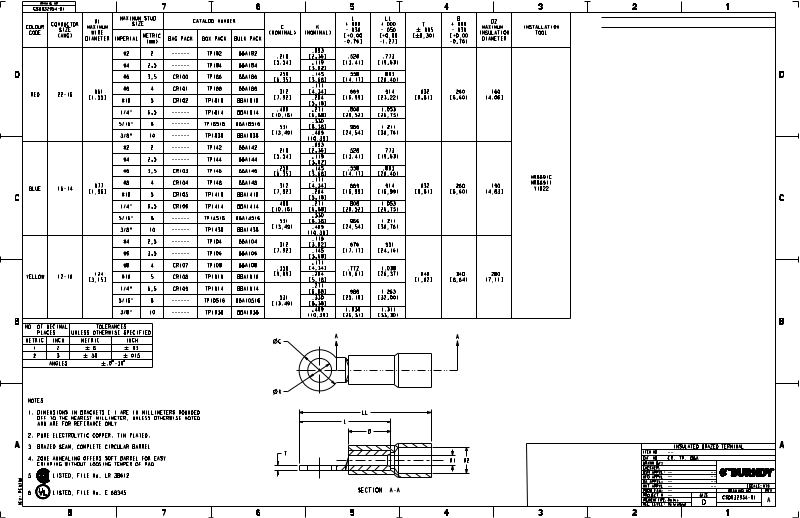 Burndy TP182, TP184, TP186, TP188, TP1810 dimensions