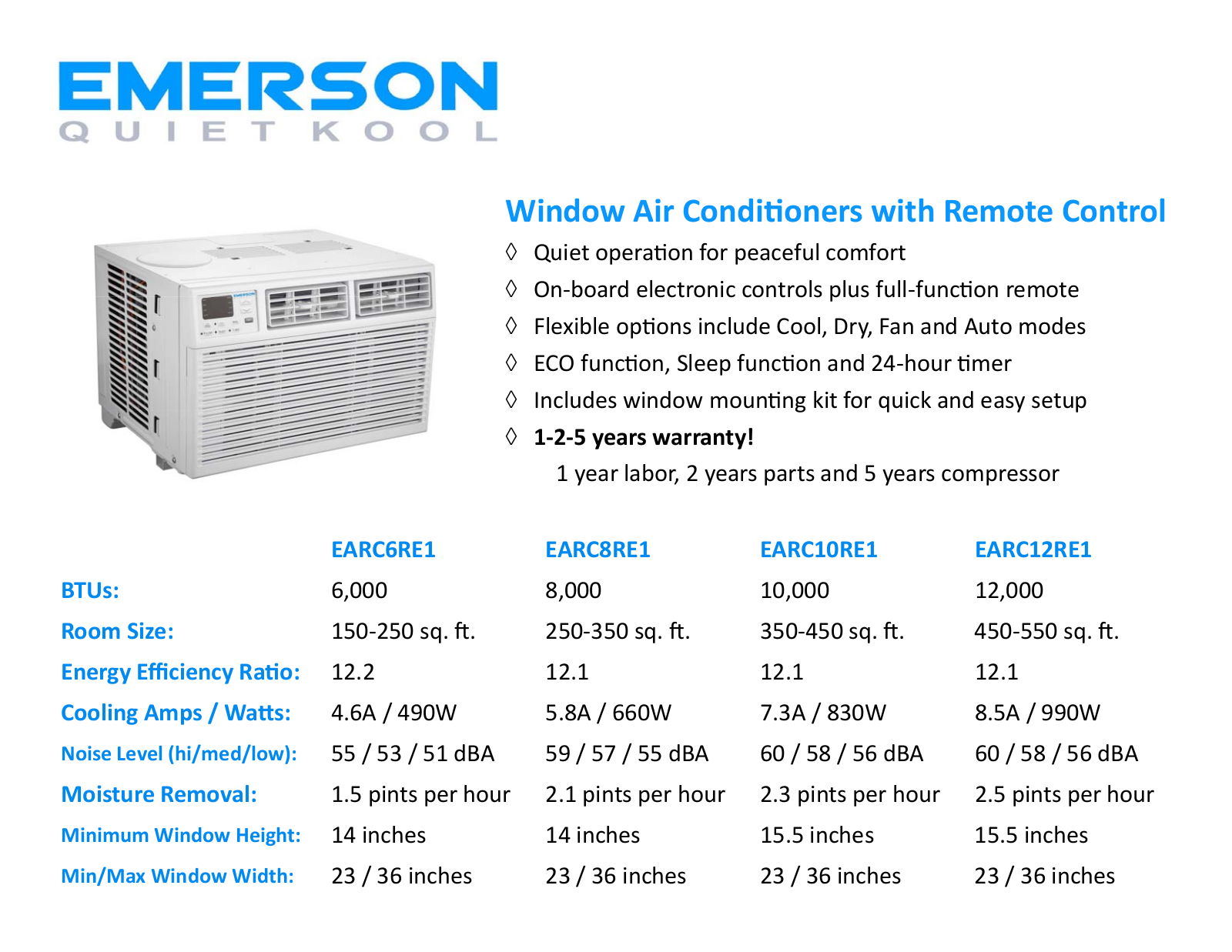 Emerson EARC6RE1, EARC12RE1, EARC10RE1, EARC8RE1 Specifications